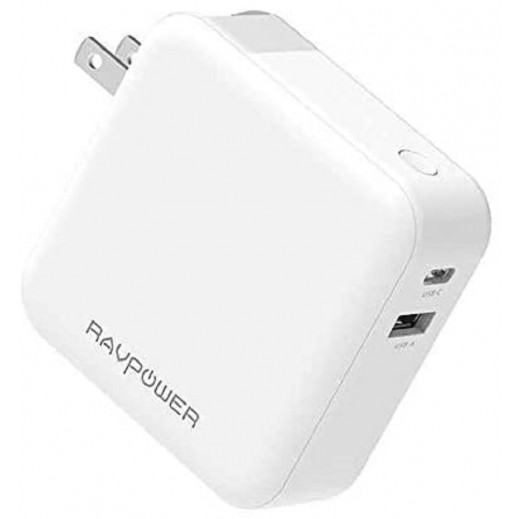 RAVPOWER 18W 2-PORT 5000MAH 2-IN-1 WALL CHARGER & PORTABLE CHARGER – WHITE (open box)