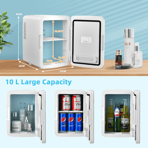 10L Mini Fridge, 11 Can Skincare Beauty Fridge with LED Lighted Mirror, Adjustable Shelf and Handle, AC/DC Power Compact Cooler Warmer Refrigerator for Home Office Dorm Car