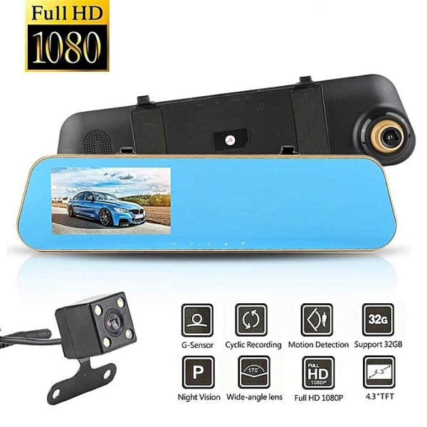 Car Rearview Mirror & Dash Camera with Dual Lens