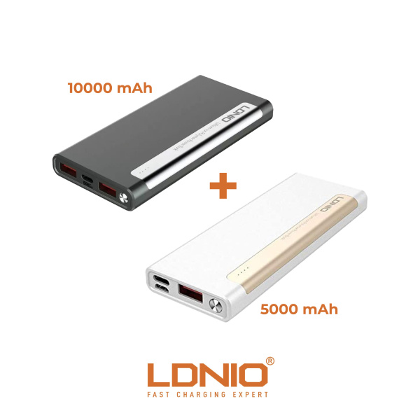 LDNIO باور بانك سريع 10000 مللي أمبير 1 منفذ USB-C ومنفذين USB-A + بنك طاقة صغير LDNIO شاحن محمول 5000 مللي أمبير